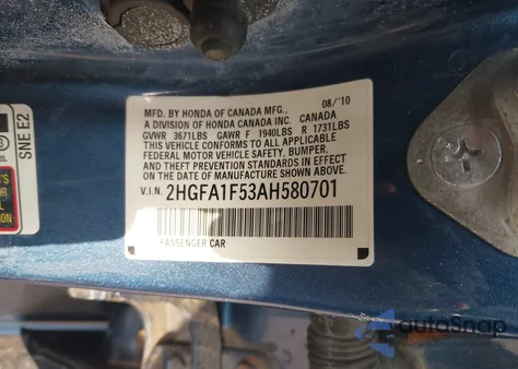 2010 Honda Civic Lx z USA, uszkodzony, nr VIN 2HGFA1F53AH580701